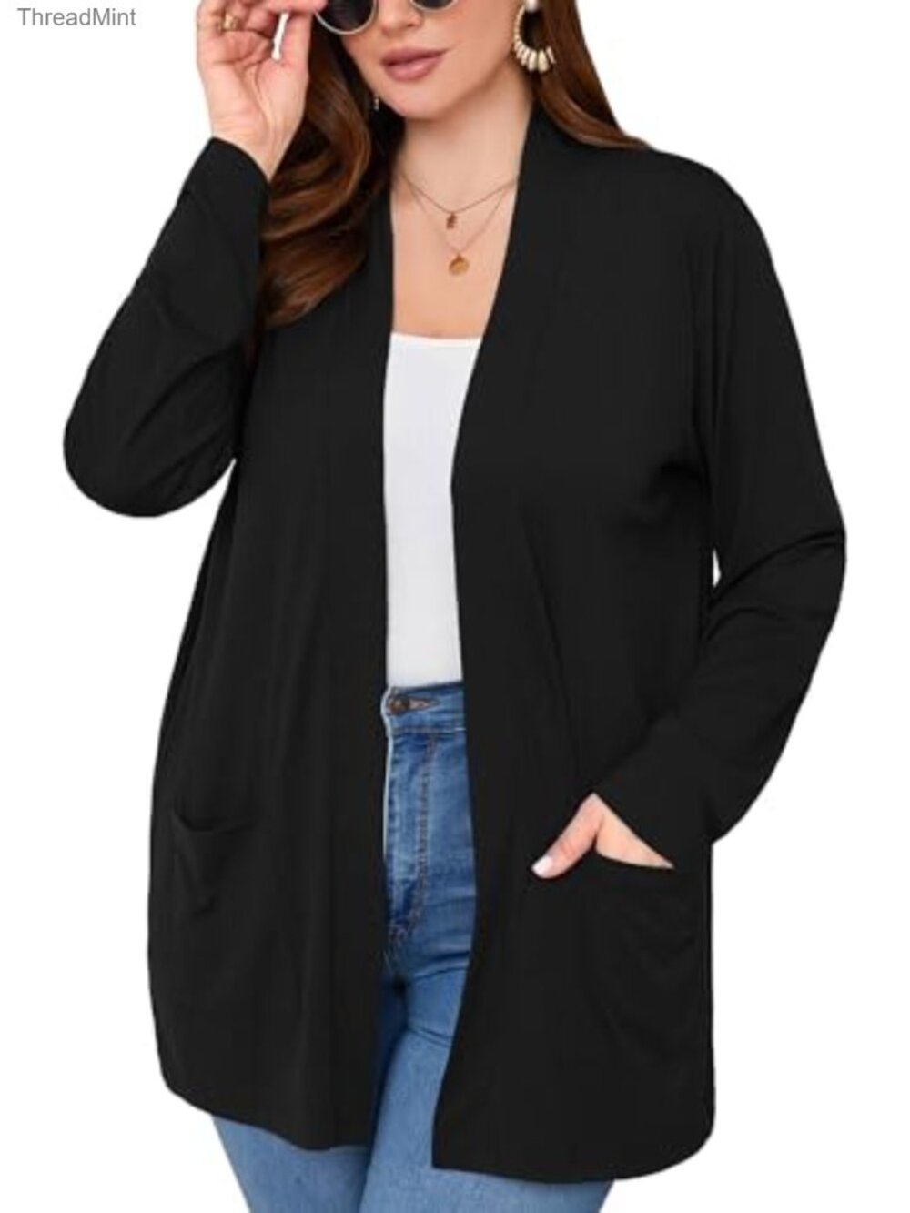 Lightweight Open Front Cardigan Long Sleeve Pockets Plus Size